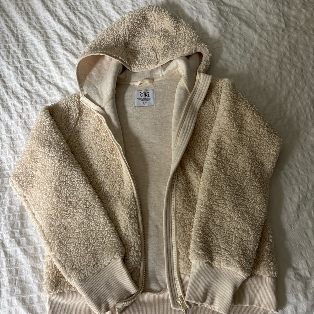 Athleta Cream Sherpa Fleece Zip Hooded Jacket